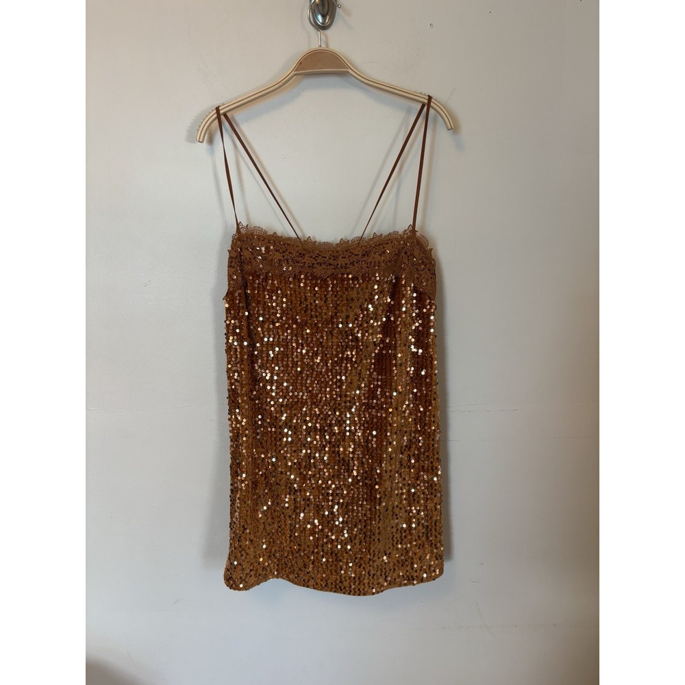 Intimately Free People That Girl Sequin Lace Slip Mini Dress Gold XL Night Out